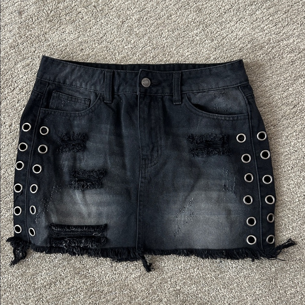 LITZ Women's S Denim Distressed Mini Skirt Ripped Grommets Y2K Inspired